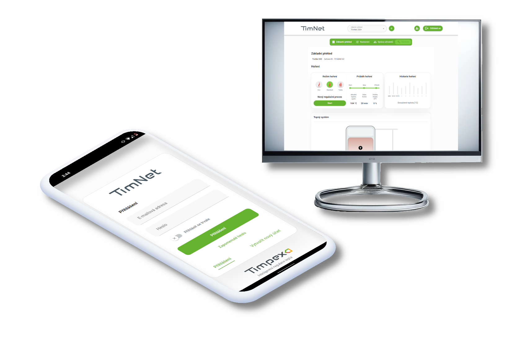 Aplikace TimNet zobrazená na mobilním telefonu a monitoru